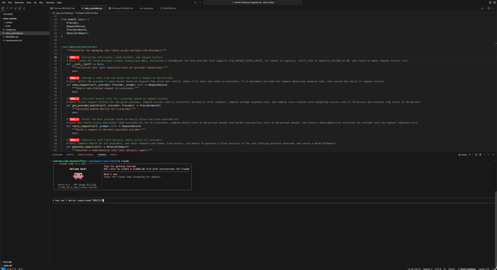 Claude Code running in the workspace terminal, asked how to better understand a TODO