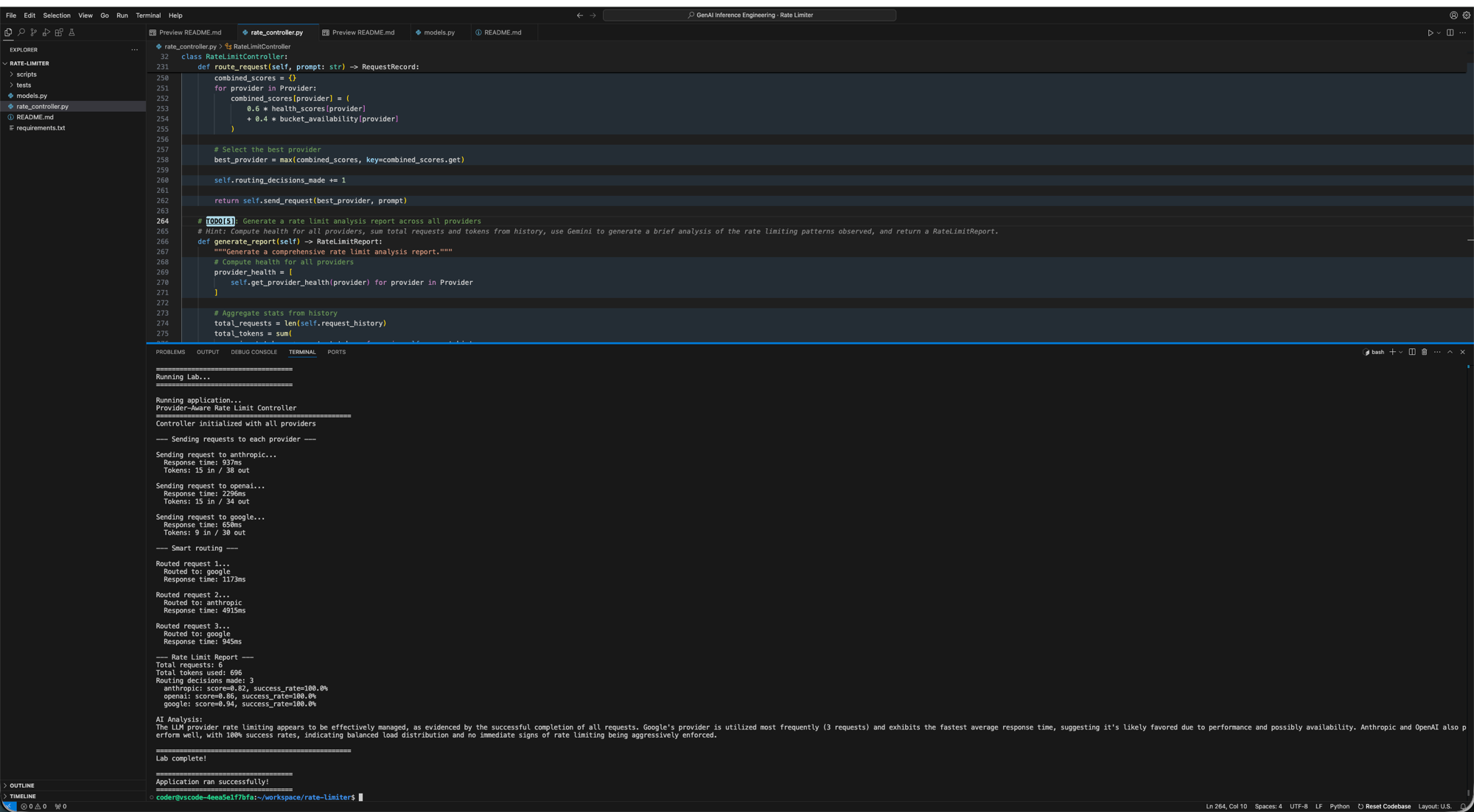 The lab terminal showing run_lab.sh output ending in 'Application ran successfully!'