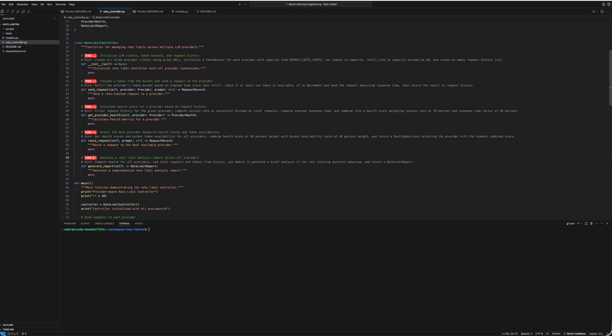 The lab workspace — file tree on the left, the starter file with its TODOs in the editor