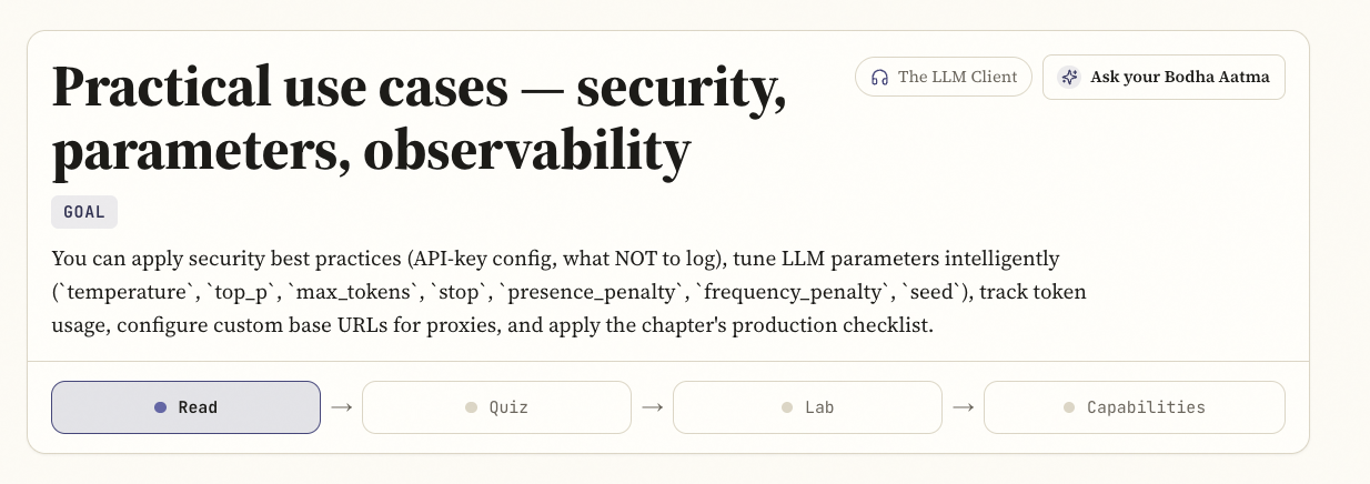 A lesson's Read step — the goal statement and the Read → Quiz → Lab → Capabilities stepper across the top