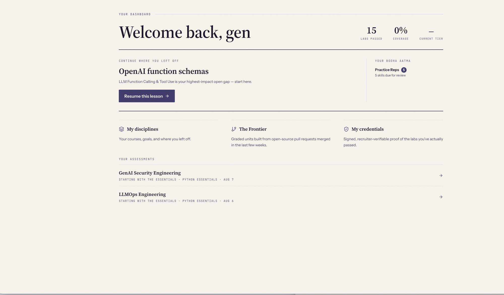 Your dashboard — labs-passed / coverage / tier stats, a continue-where-you-left-off card, your disciplines, the Frontier, credentials, and Practice Reps